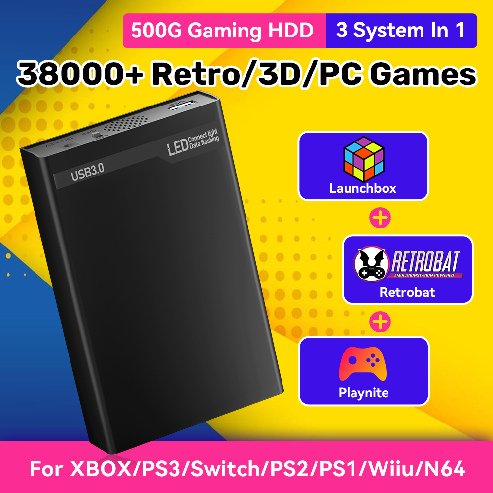 Retro Gaming Xbox - Mix500G Taşınabilir Oyun Sabit Diski N64/PS3/PS2/Switch/PS1/Xbox/DC